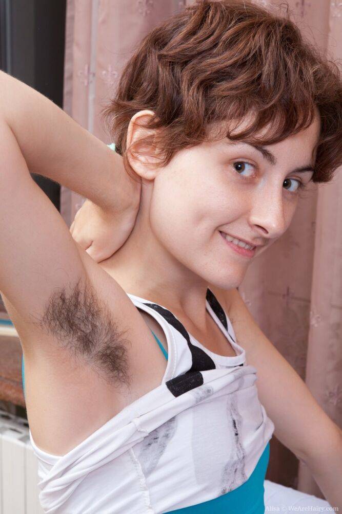 Thin first timer displays her furry armpits and beaver in the nude - #10