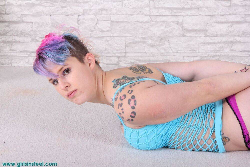 Tattooed girl with dyed hair is ball gagged after being cuffed and chained - #14
