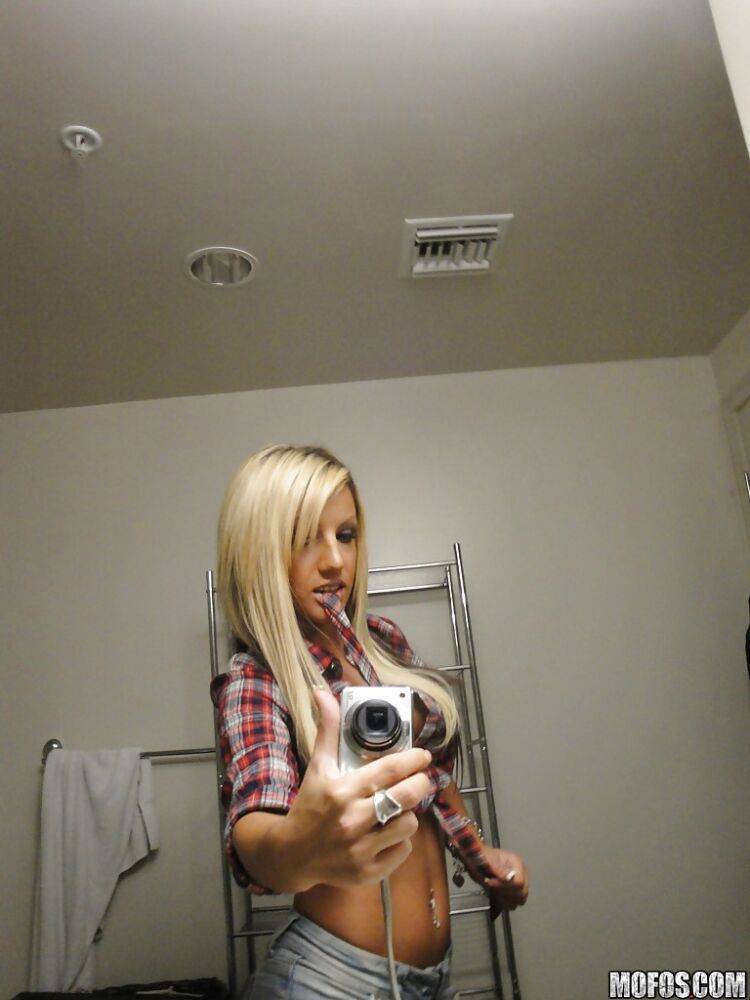 Perky blondie with piercing undressing and making selfies in the bath - #7