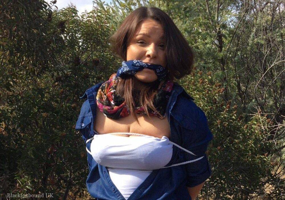 Fully clothed fatty is cleaved gagged and rope bound in scrubby looking woods - #13