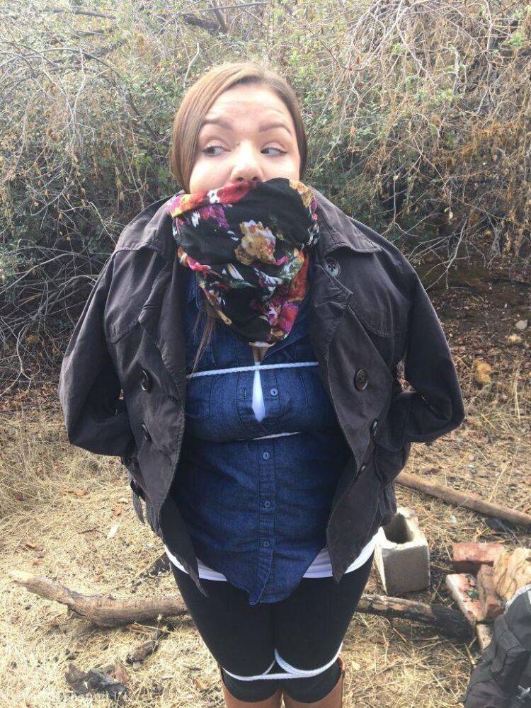 Fully clothed fatty is cleaved gagged and rope bound in scrubby looking woods - #11