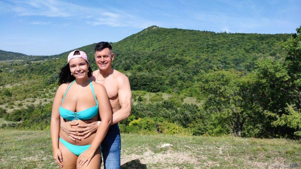 Chubby teen Sofia Lee frees her big natural tits from a bikini in the outdoors - #12