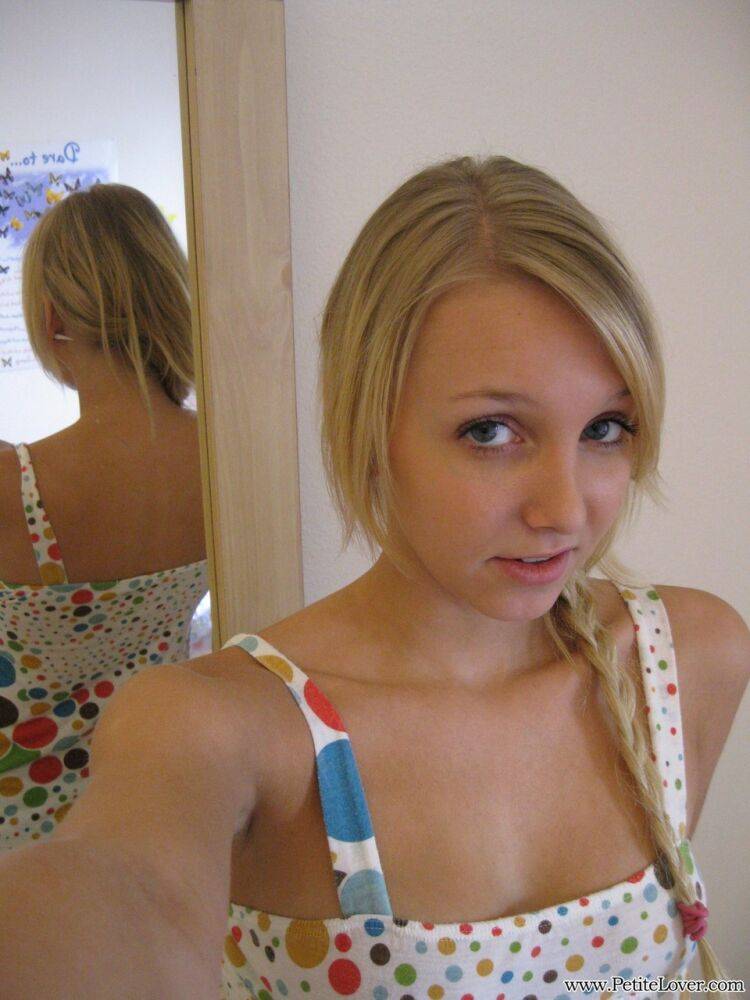 Blonde first timer exposes her tits and twat for self shots in the mirror - #11