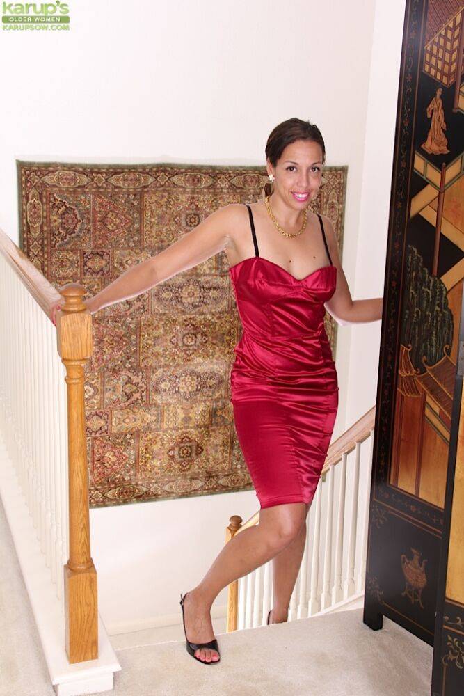 Latina mom Josephine Jones letting red dress slip away to expose breasts - #14