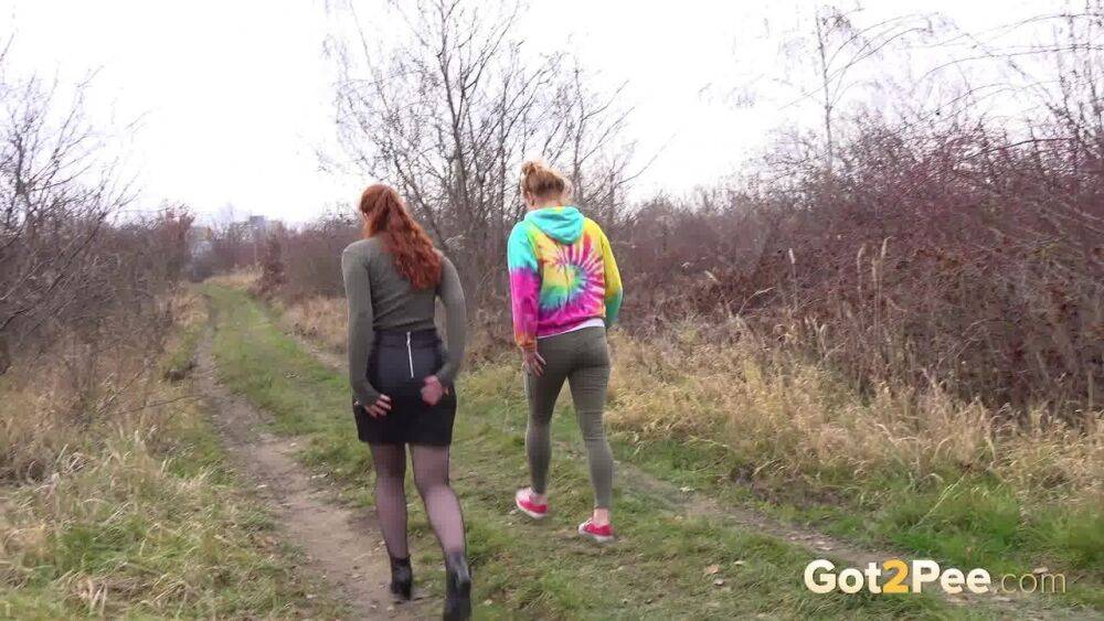 Redheads Chrissy Fox & Red Fox squat for a pee while taking a hike - #6