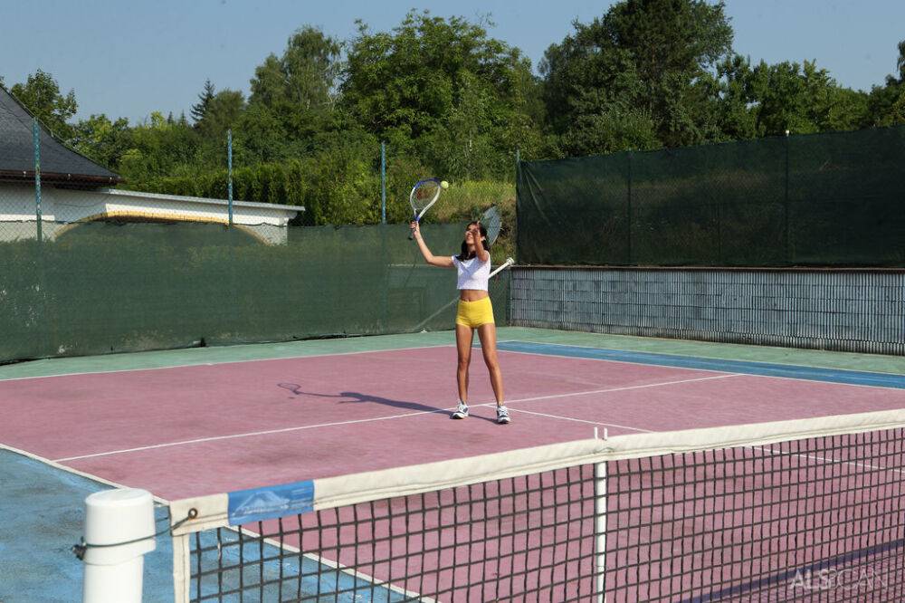 Young girls toy each others pussy on a bench after a tennis match - #15