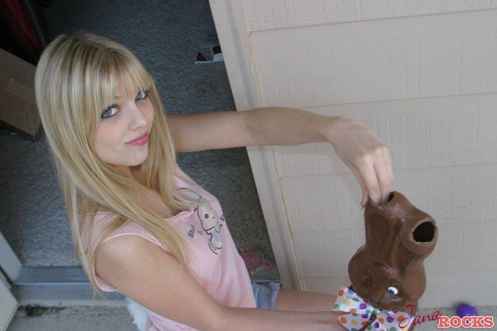 Sweet blonde teen Jana Jordan flashes upskirt panties while eating chocolate - #7