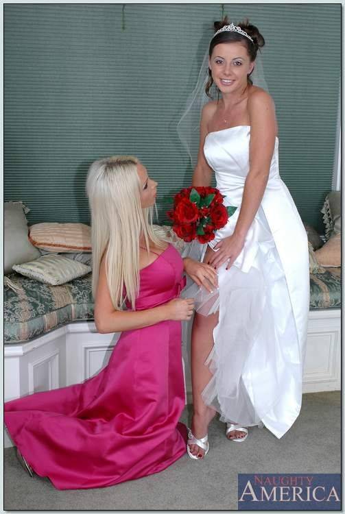 Busty blonde Nikki Benz helping Penny Flame to try on wedding dress - #8