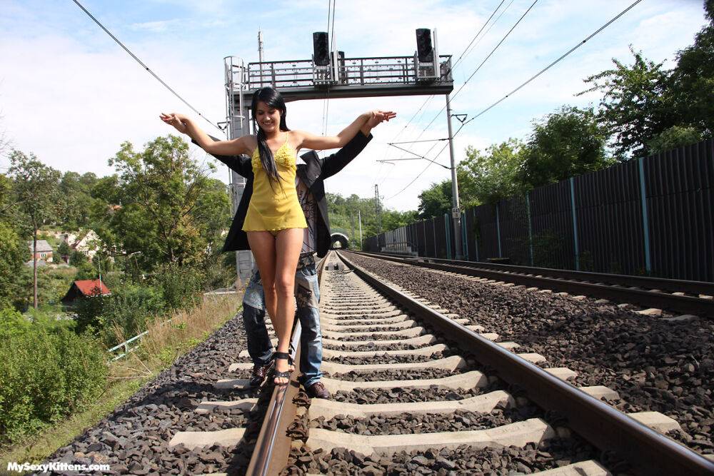 Horny slut gets fucked on the railway tracks & eats a load of dripping cum - #12