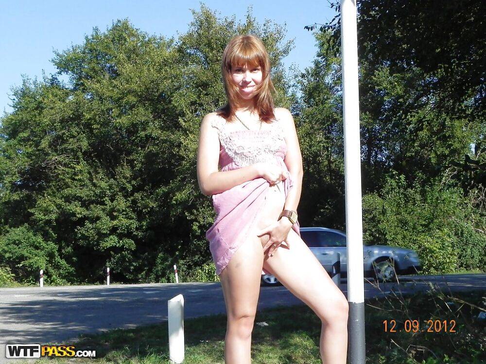 Brunette slut babe is undressing her titties and pussy outdoor - #9