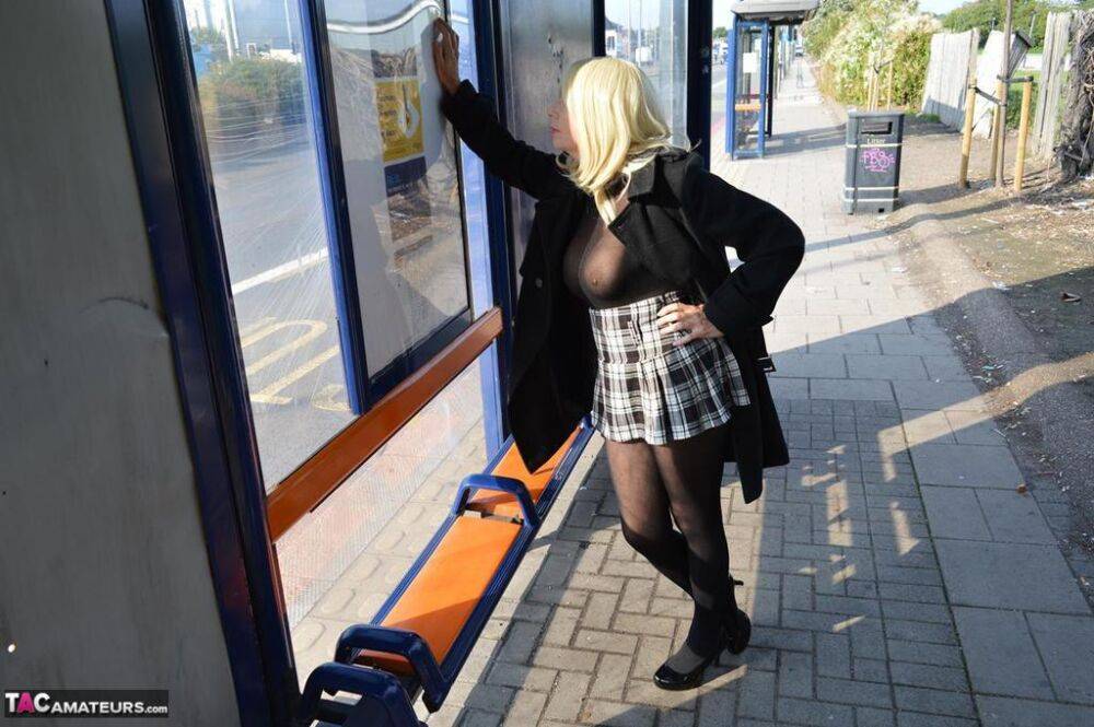 Older blonde Barby Slut flashes her pussy in public wearing crotchless hose - #10