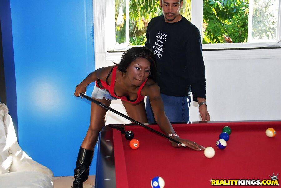 Black slut in jean skirt bent over the pool table and fucked - #10