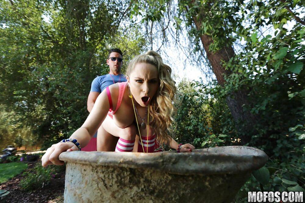 Blonde slut Aiden Starr gets banged inside of wheelbarrow wearing sport socks - #12