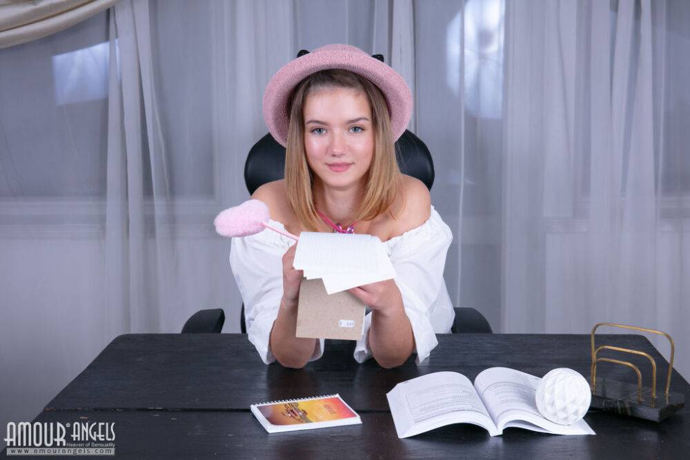 Sweet teen Sonya displays her heavenly body in white socks on a desk - #15