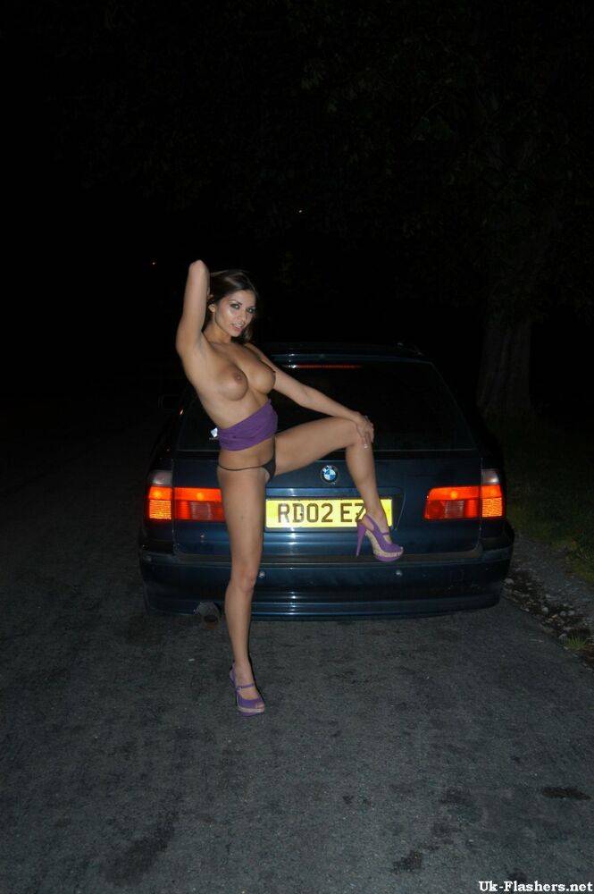 Long legged UK chick exposes her boobs on bonnet of car at night - #9