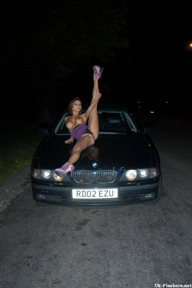 Long legged UK chick exposes her boobs on bonnet of car at night - #8