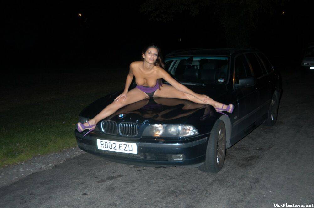 Long legged UK chick exposes her boobs on bonnet of car at night - #13