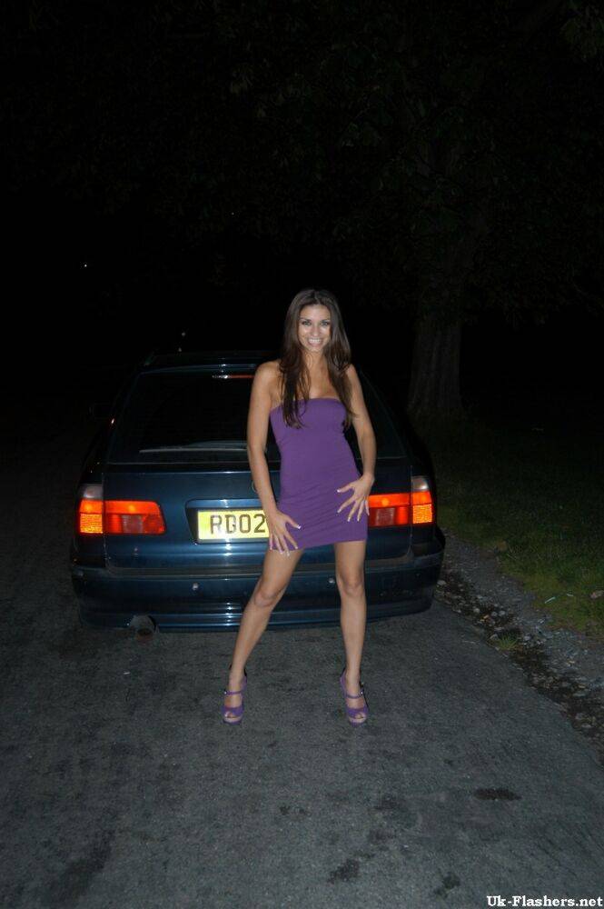 Long legged UK chick exposes her boobs on bonnet of car at night - #1