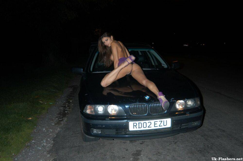 Long legged UK chick exposes her boobs on bonnet of car at night - #7