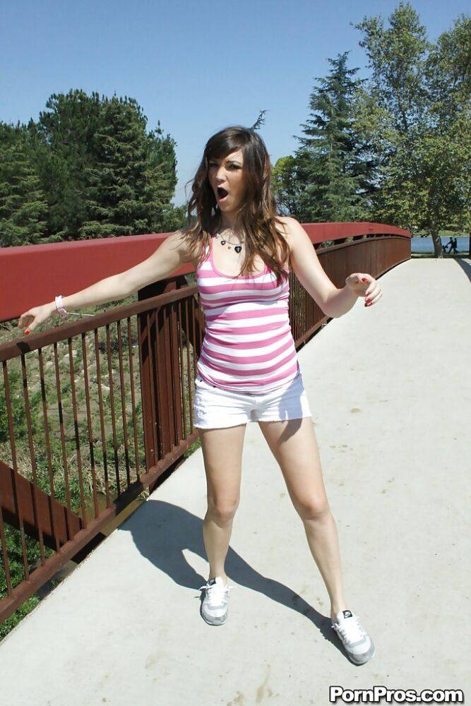 Flexible babe in shorts Holly Michaels shows her sports body outdoor - #14