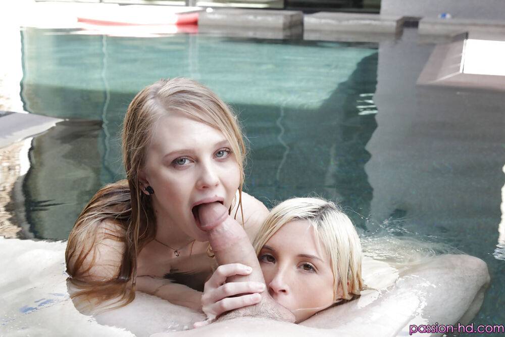 Teen pornstars Lily Rader and Piper Perri give ball licking BJ in pool - #14