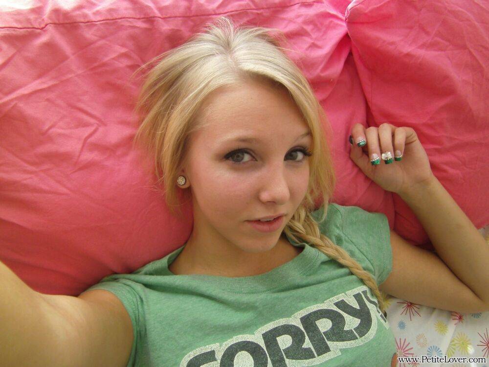 Cute blonde teen snaps self shots of her bare boobs in cutoff jean shorts - #5