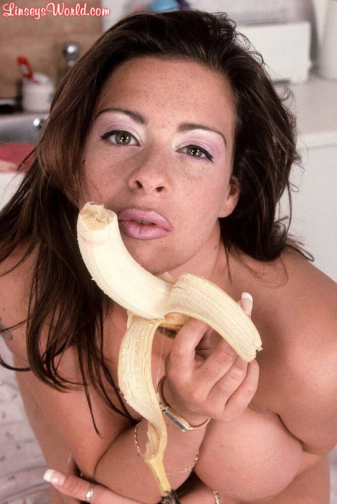 BBW solo model eats a banana prior to flaunting her huge boobs - #10