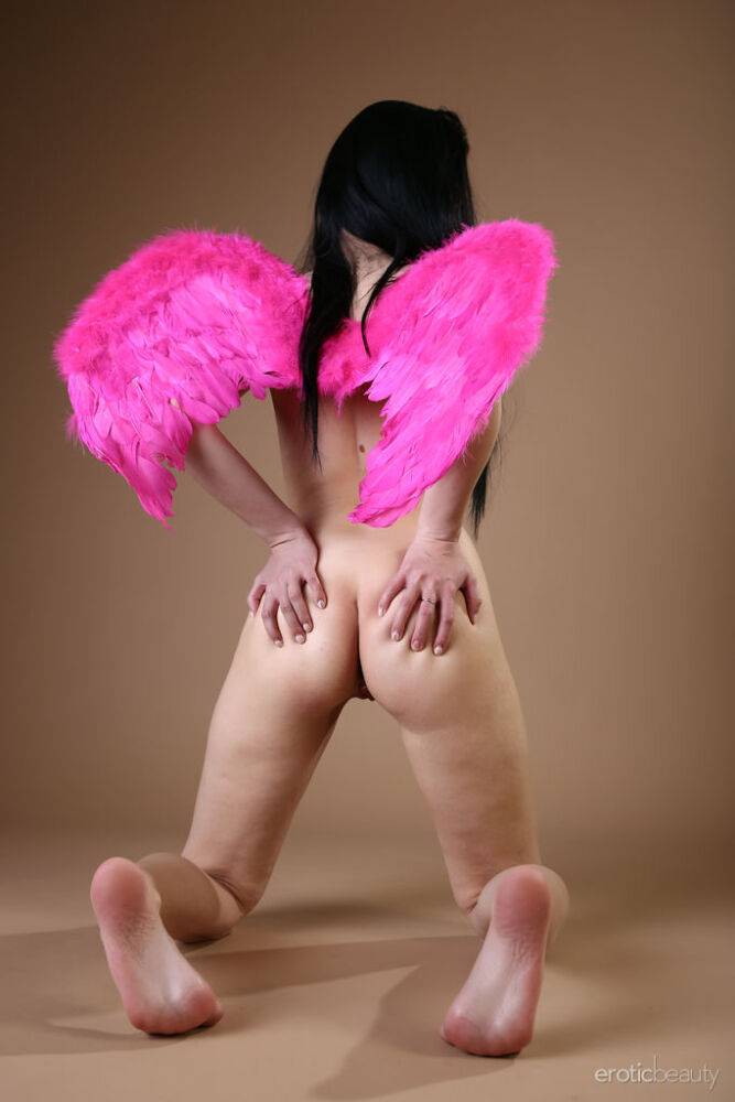 Naked dark haired cosplay girl Veronica Snezna spreading ass in pink wings - #8