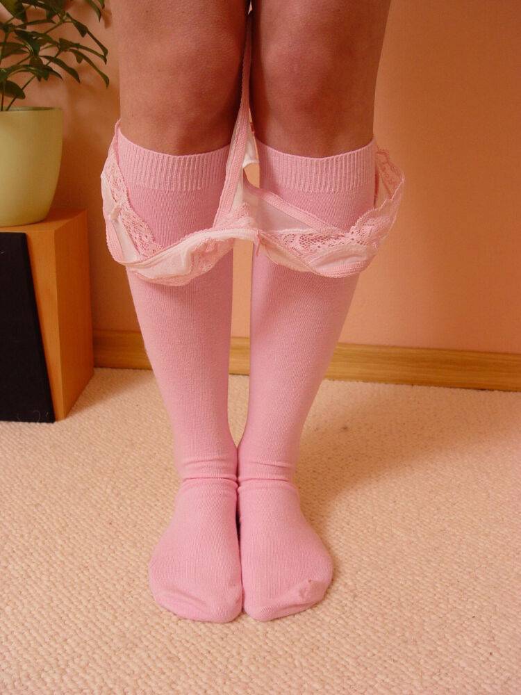 Busty amateur displays her smooth pussy in pink knee socks - #12