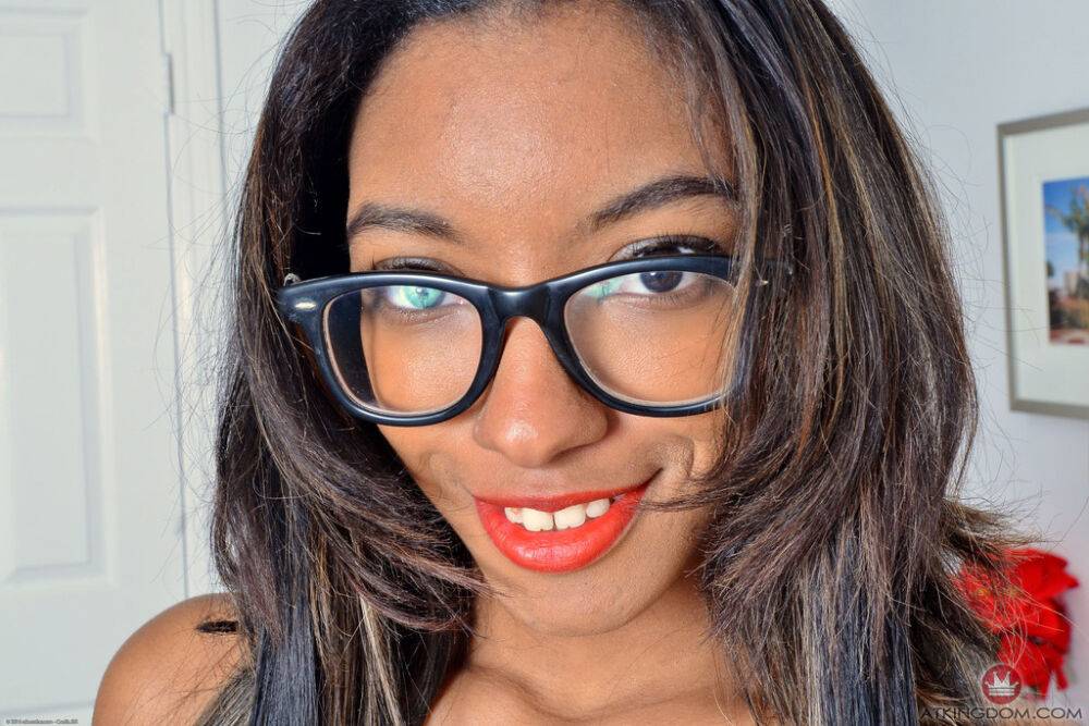 Black amateur Raven Wilde shows off the pink of her pussy with glasses on - #2