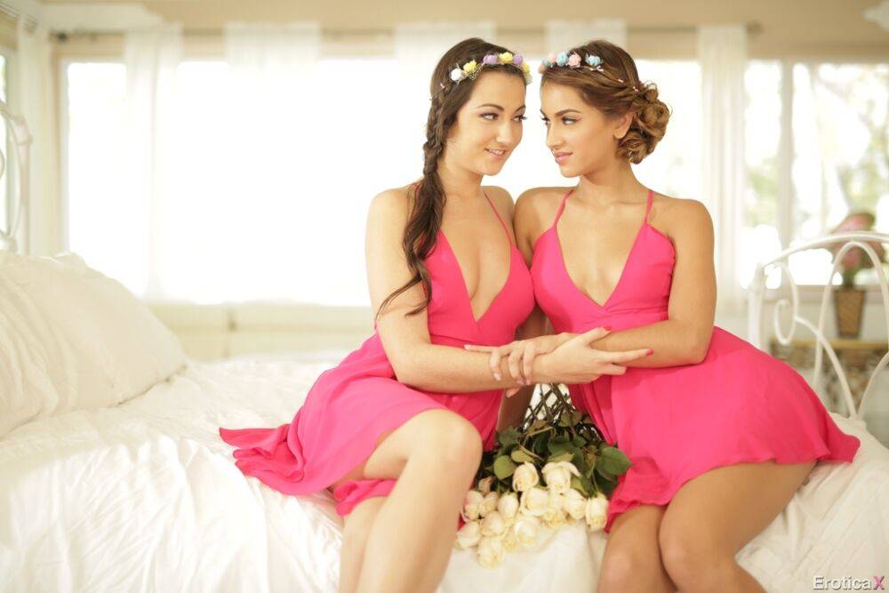 Pretty dykes in matching pink dresses undress and have sex on their bed - #13