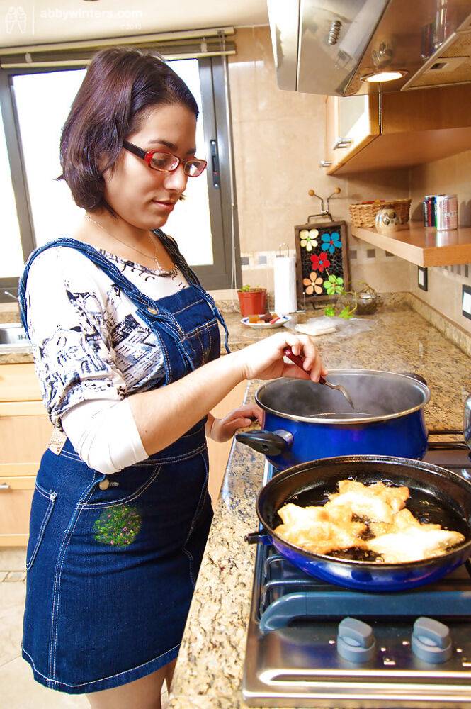 Mixed race first timer Reina spreading the pink in the kitchen - #9