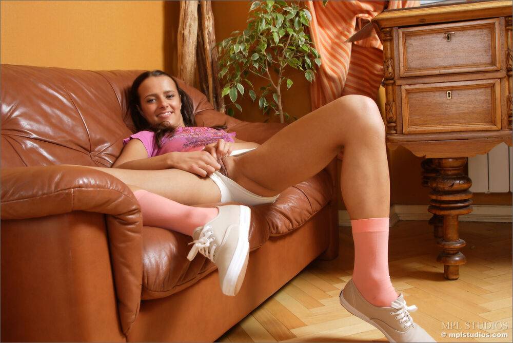 Petite young girl wears her hair in pigtails while stripping to pink socks - #3