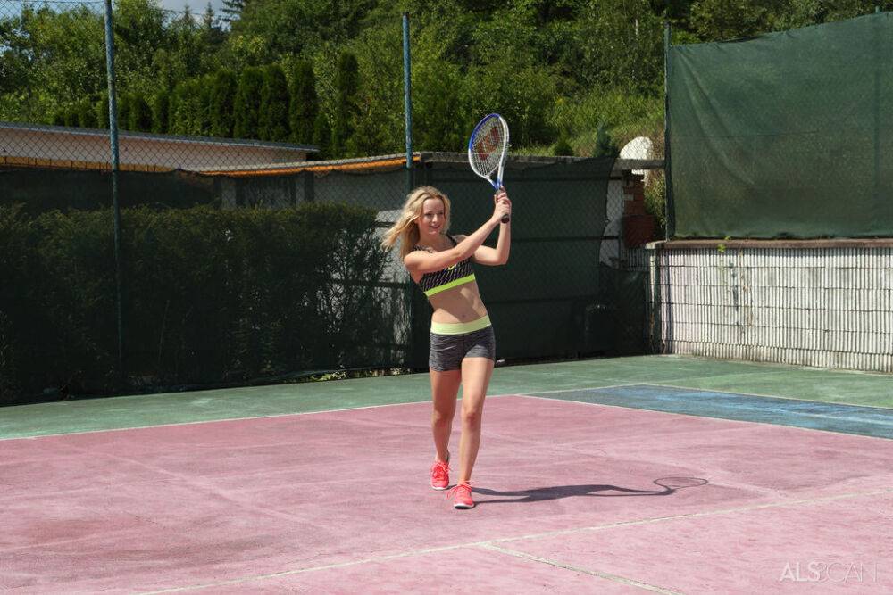 Fitness friends Amy & Antonia pause the tennis game to fist & toy on the court - #12