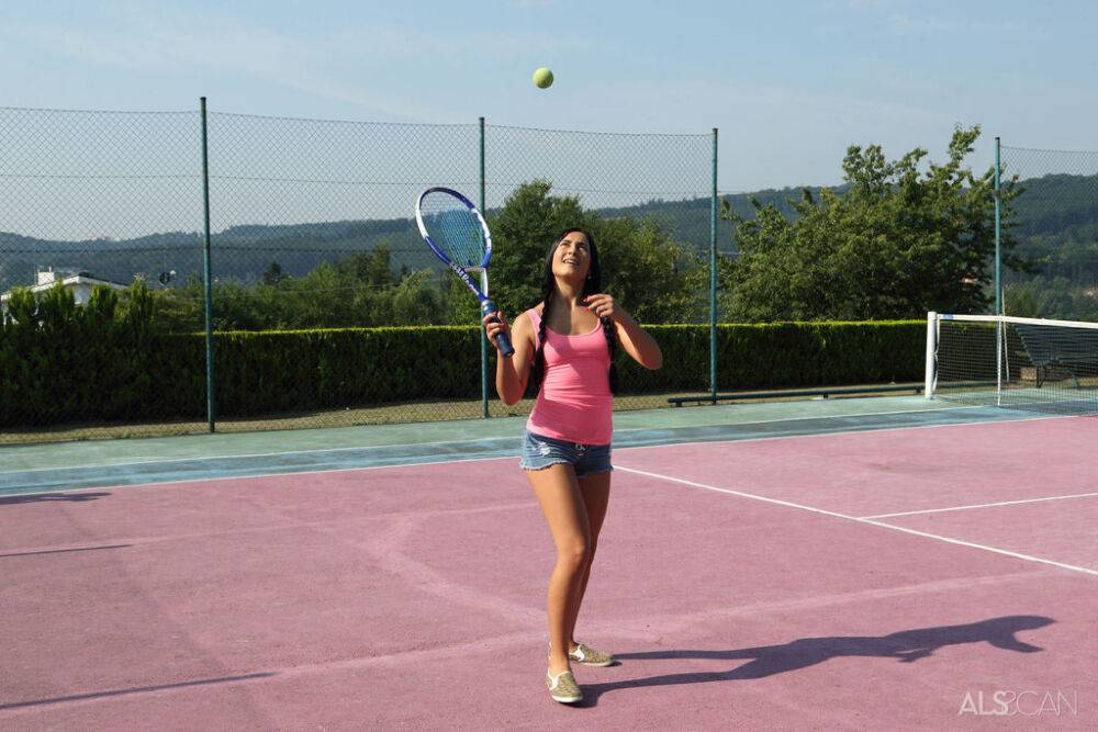 Skinny teen Ana Rose has her pink pussy pegged on a tennis court by a lesbian - #12