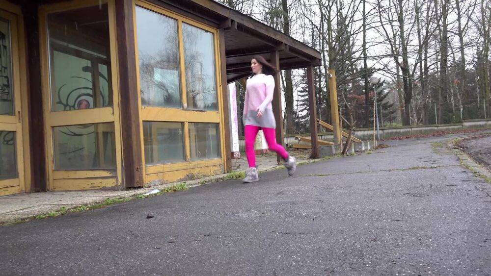 Short taken girl Victoria Daniels pees at a transit stop in pink tights & UGGs - #4
