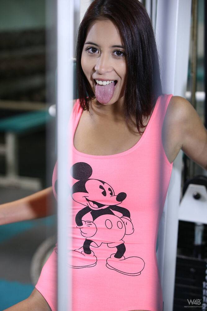 Cute teen brunette Paula Shy shows her little pink pussy at naked gym workout | Photo: 1586559