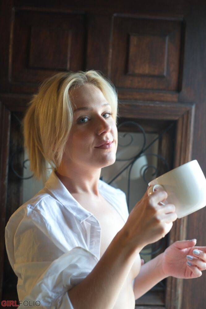 Blonde girl Aston Wilde gets naked in frame of doorway over coffee - #3