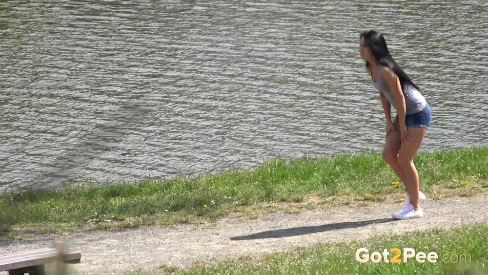 Dark haired traveler Lexi looks for a place to pee and pisses under a bridge - #10