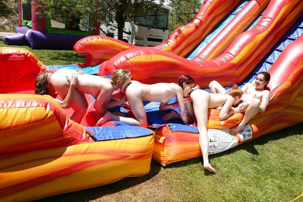 Nude girls whip out sex toys for all girl group sex on water slide - #1