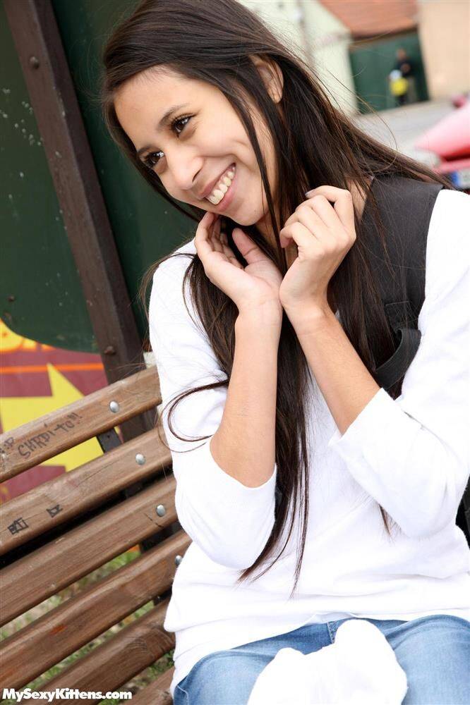 Young brunette bangs a guy she just met on blanket in a field - #12