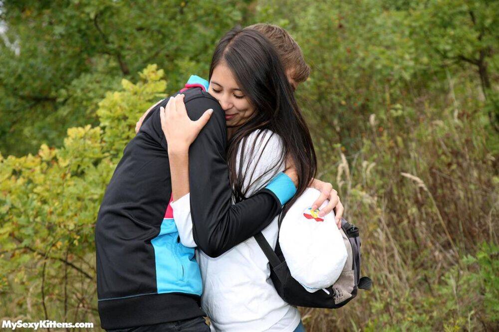 Young brunette bangs a guy she just met on blanket in a field - #16