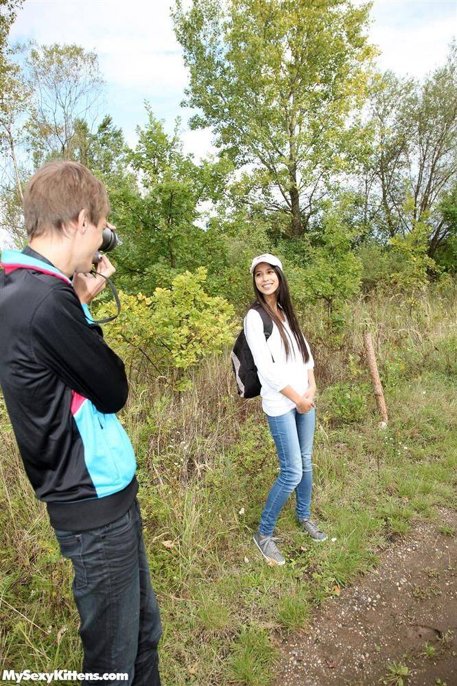 Young brunette bangs a guy she just met on blanket in a field - #10