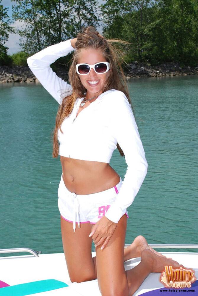 Amateur chick Lori Anderson bares her tan lined body on a boat in white shades - #9