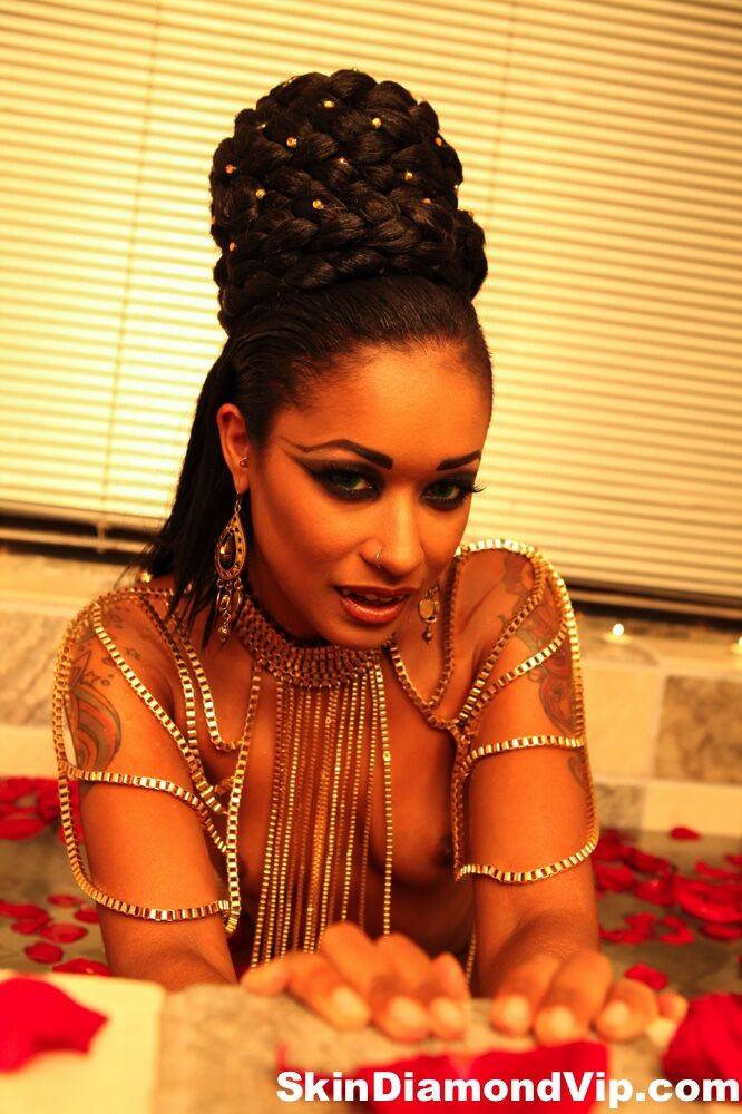 Black MILF Skin Diamond poses naked in bathtub full of red petals - #15