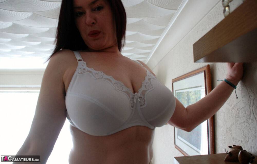 British amateur Juicey Janey strips to her bra and see-through pantyhose - #10