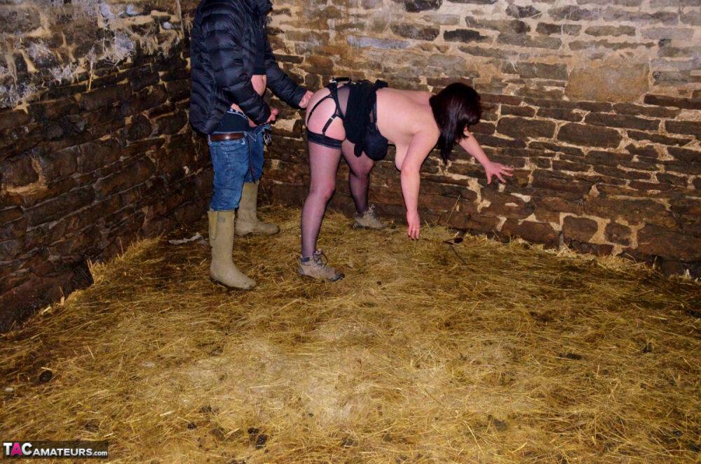 Busty British amateur Juicey Janey pees in a trough after sex in a barn - #13