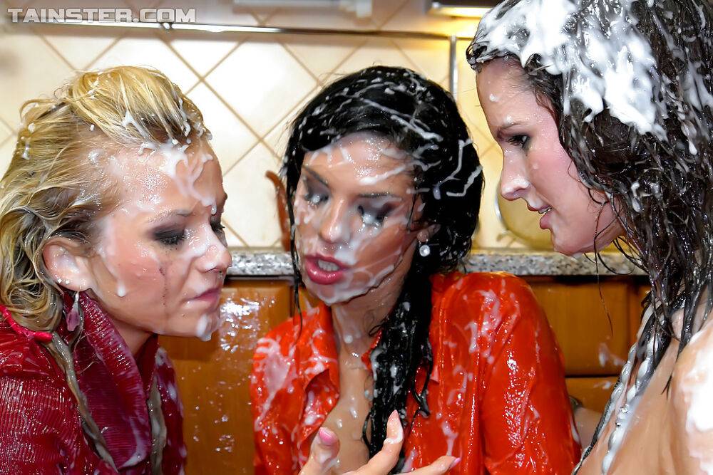 Lascivious fully clothed lesbians making some messy bukkake action - #8