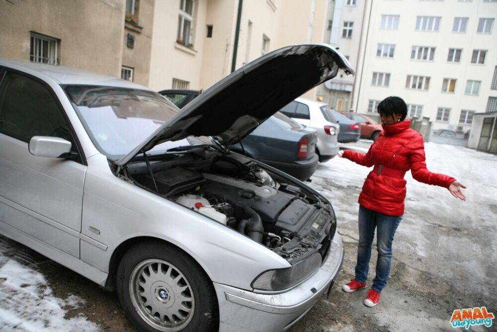 Young brunette with car troubles ends up doing anal with a really old man - #13