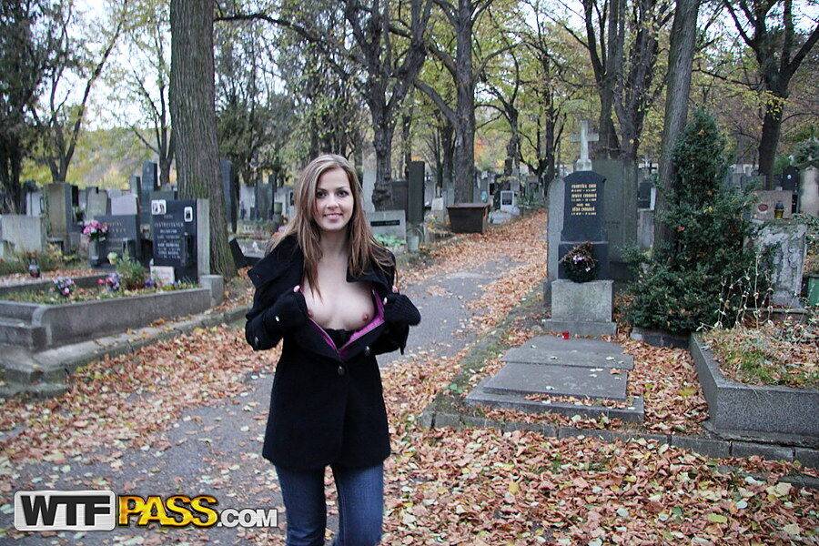 Amateur chick drips cum from chin after wandering thru cemetery to fuck - #4